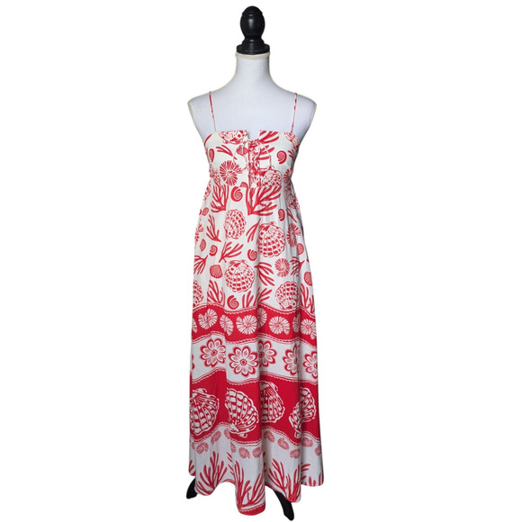 Calypso St Barth Red White Shell Coral Linen Blend Maxi Dress NWOT Sz XS Smocked - Picture 1 of 8